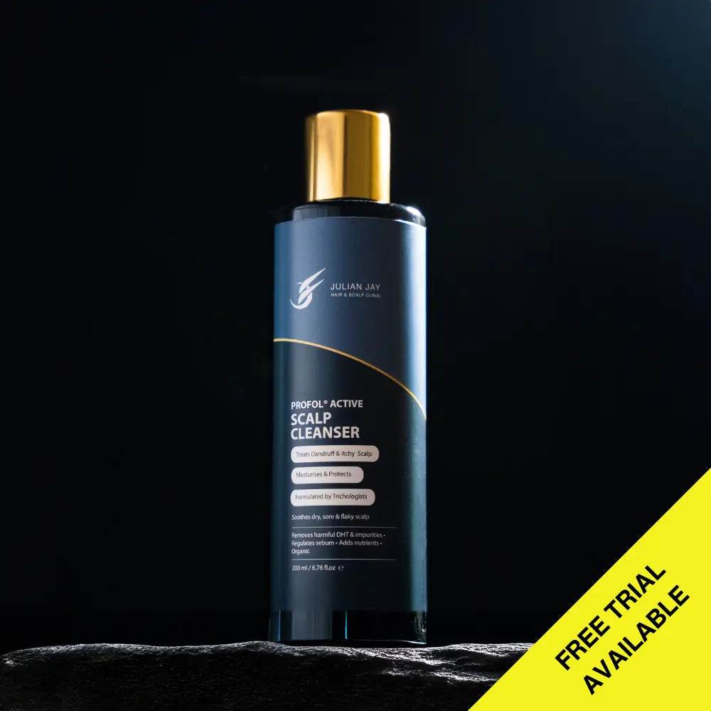 Bottle of Hi-Potency Hair Growth Anti Dandruff Shampoo trial sample with promotional text