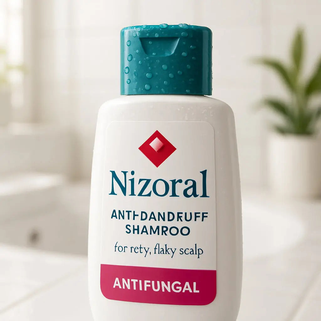 A close‑up of a bottle of Nizoral shampoo in a bright bathroom, droplets on the cap, emphasizing antifungal action. Alt: Nizoral anti‑dandruff shampoo for itchy flaky scalp