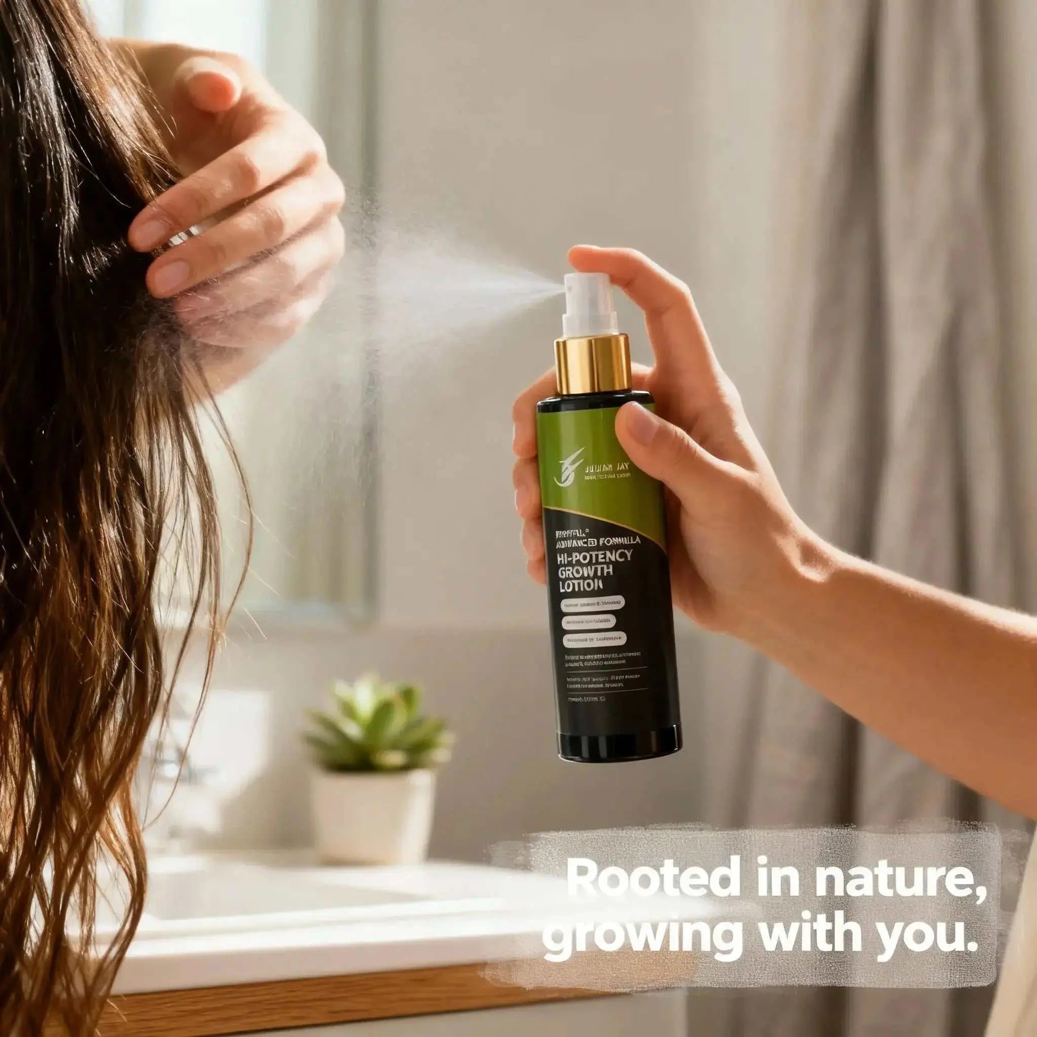 Spraying Hair growth lotion on long female hair