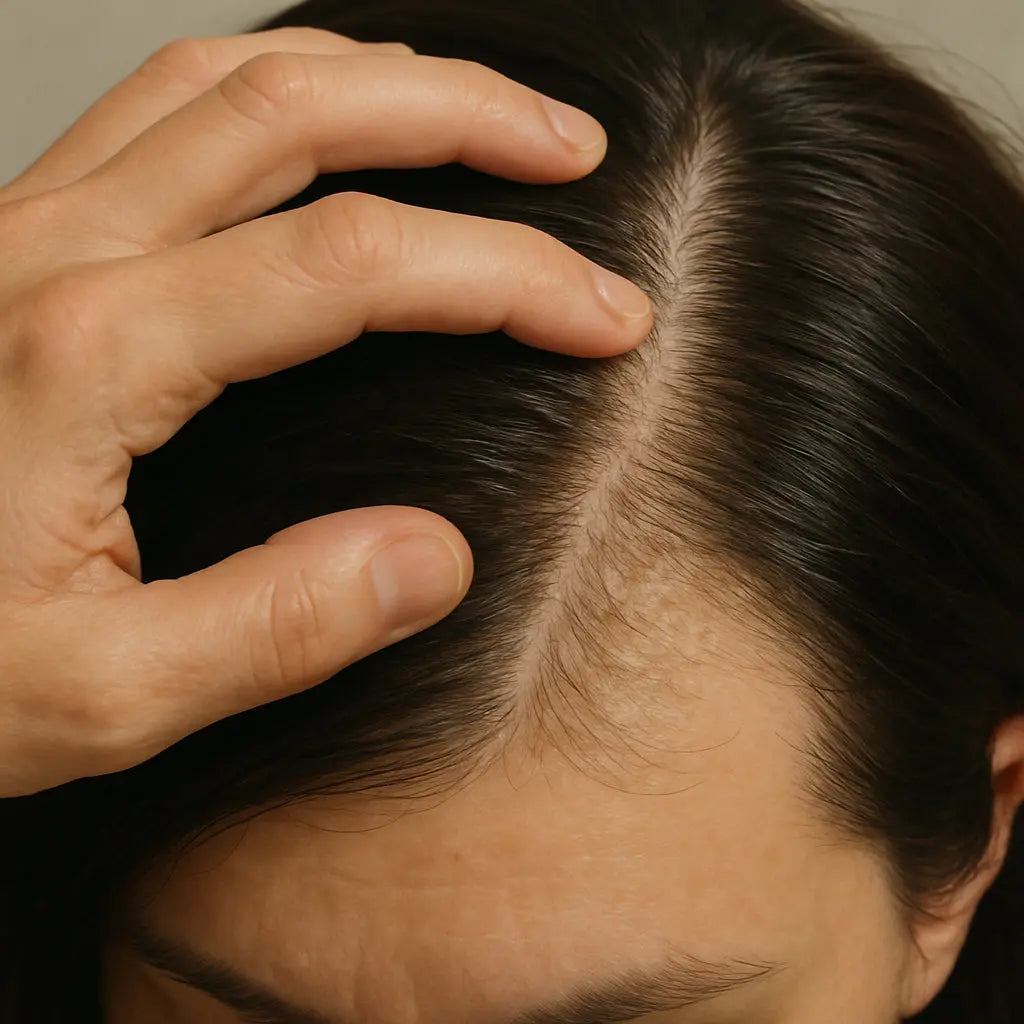 A close‑up of a hand gently feeling a scalp, highlighting areas of oiliness and dryness. Alt: Assessing scalp health for hair follicle repair
