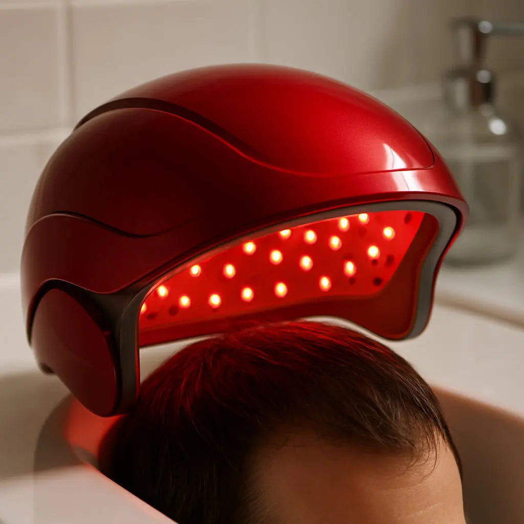 A close‑up of a sleek red‑light helmet sitting on a bathroom counter, light beams gently illuminating a person’s scalp. Alt: Red light therapy device for hair growth at home, showing LEDs and ergonomic design.