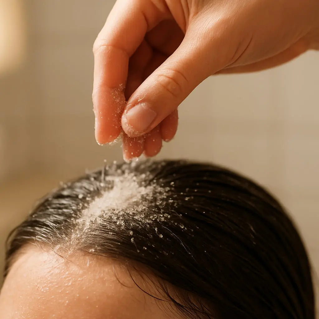 A close‑up of a hand sprinkling a sugar‑salt mixture onto a wet scalp, with soft bathroom lighting. Alt: scalp exfoliation for hair growth demonstration