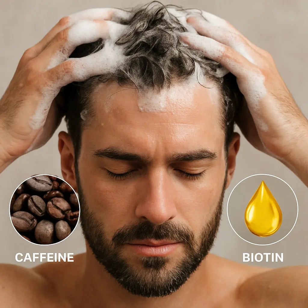 A close‑up of a man washing his scalp with a foamy shampoo, highlighting natural ingredients like caffeine and biotin. Alt: shampoo for hair growth men ingredients visual.