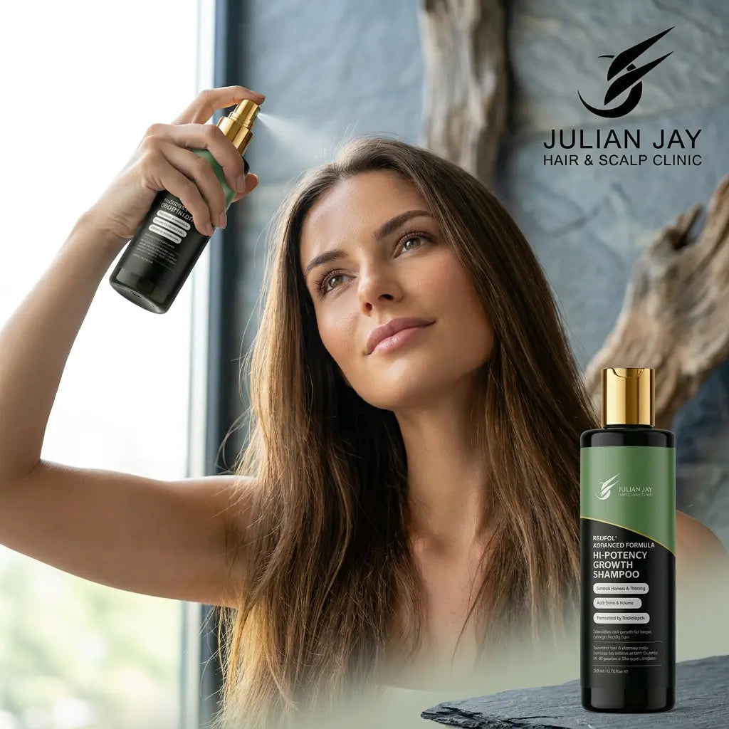 Free 7 day hair loss samples offer with any Julian Jay order over £39.50 including shampoo, conditioner, and scalp cleanser.